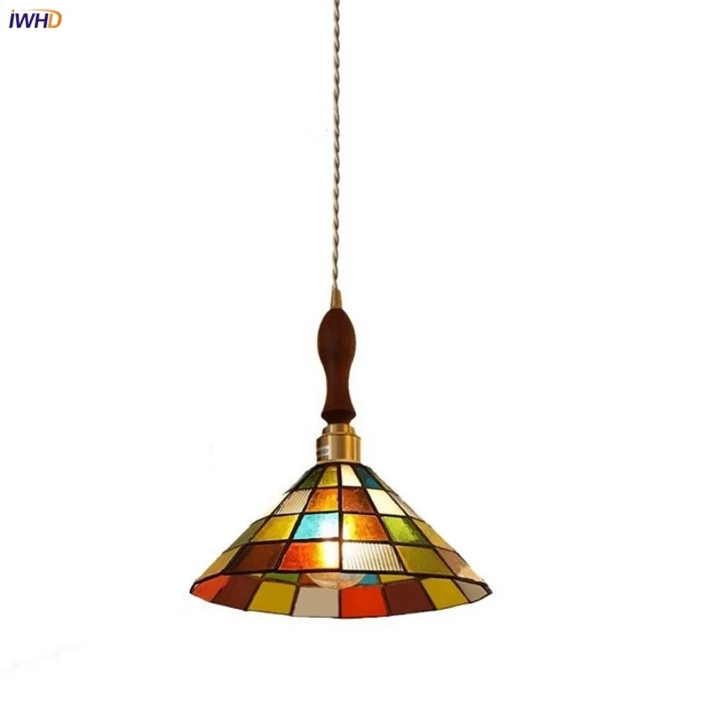 

IWHD Walnut Wood LED Pendant Light Fixture Bar Living Room Restaurant Brass Vintage Colorful Glass Hang Lamp Lamparas Colgantes