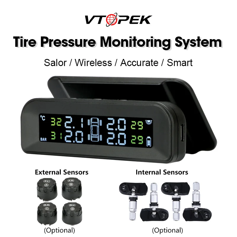 

TPMS Car Tire Pressure Monitor System Automatic Brightness Control Attached to Glass wireless Solar Power tpms with 4 Sensors