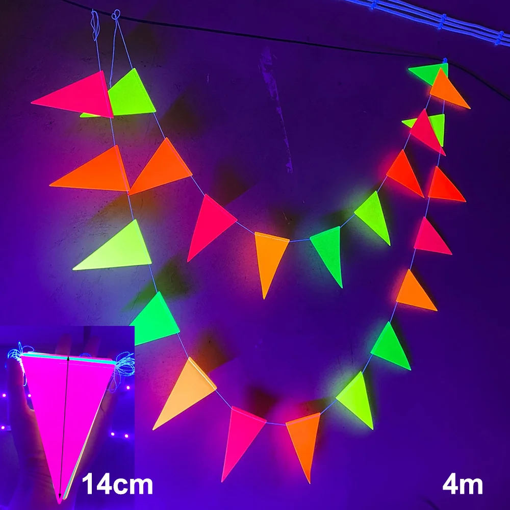 Neon-Geburtstags-Papiergirlande, Dekorationen, die im Dunkeln leuchten, Party-Dreiecksflaggen, Wimpelkette, schwarzes Licht, reaktive UV-Banner-Zubehör – Detail 5