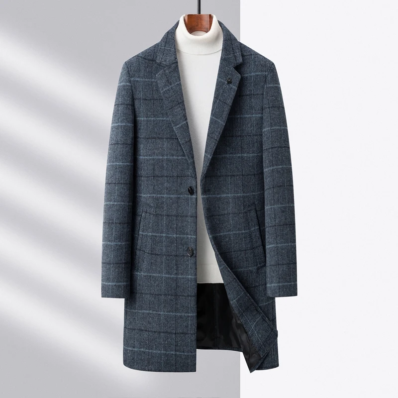 

British Style Men Checkered Overcoat Notched Collar & Back Split Design Essential Coat Gray Khkai Blue Woolen Blend Topcoat