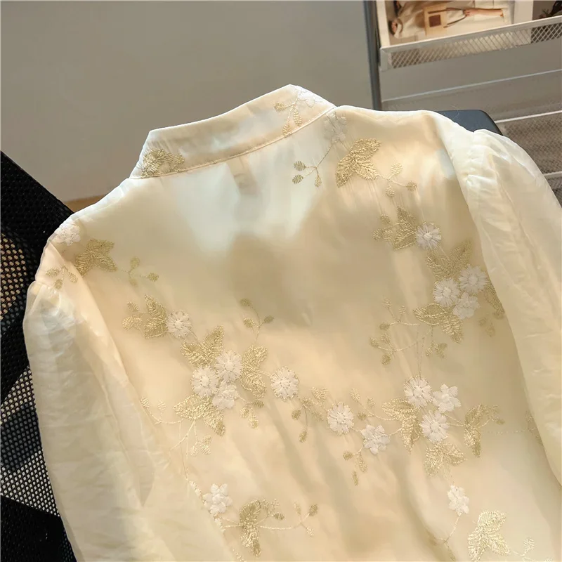 Vintage Embroidery Women\'s Shirts Trend 2024 Slim Long Sleeve Top Korean Clothing Sales Chinese Style Women Blouses