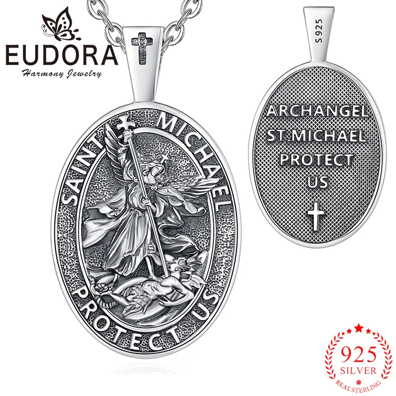 eudora saint michael padroeiro colar para homens 925 sterling silver anjo medalhao pingente em relevo vintage joias religiosas 01