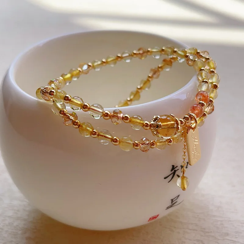 Original Design Dual-Layered Crystal Beaded Bracelet with Rutilated  Golden Strawberry Quartz Symbolizing Abundance and Success