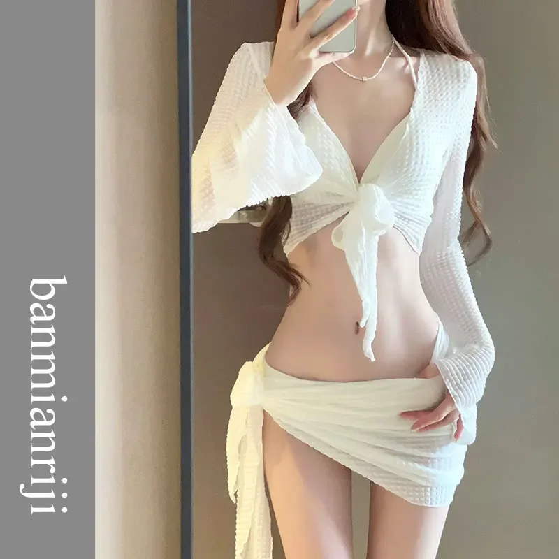 

Bikini 4-piece Split White Fairy Style New Swimsuit Women's Lace Up Hollow Beach Hot Spring Vacation