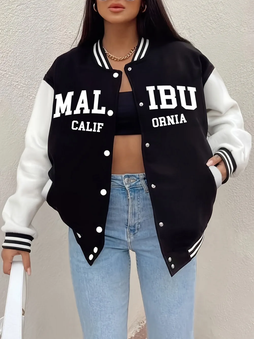 

Бейсбольное пальто Malibu California с принтом, женские повседневные куртки с карманами, зимняя флисовая теплая спортивная одежда, базовая спортивная женская одежда