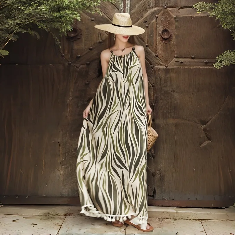 Real shot French Lazy Boho Vacation Striped Print Tassel Strap Maxi Dress - Women's Sleeveless Backless Summer Long Dress