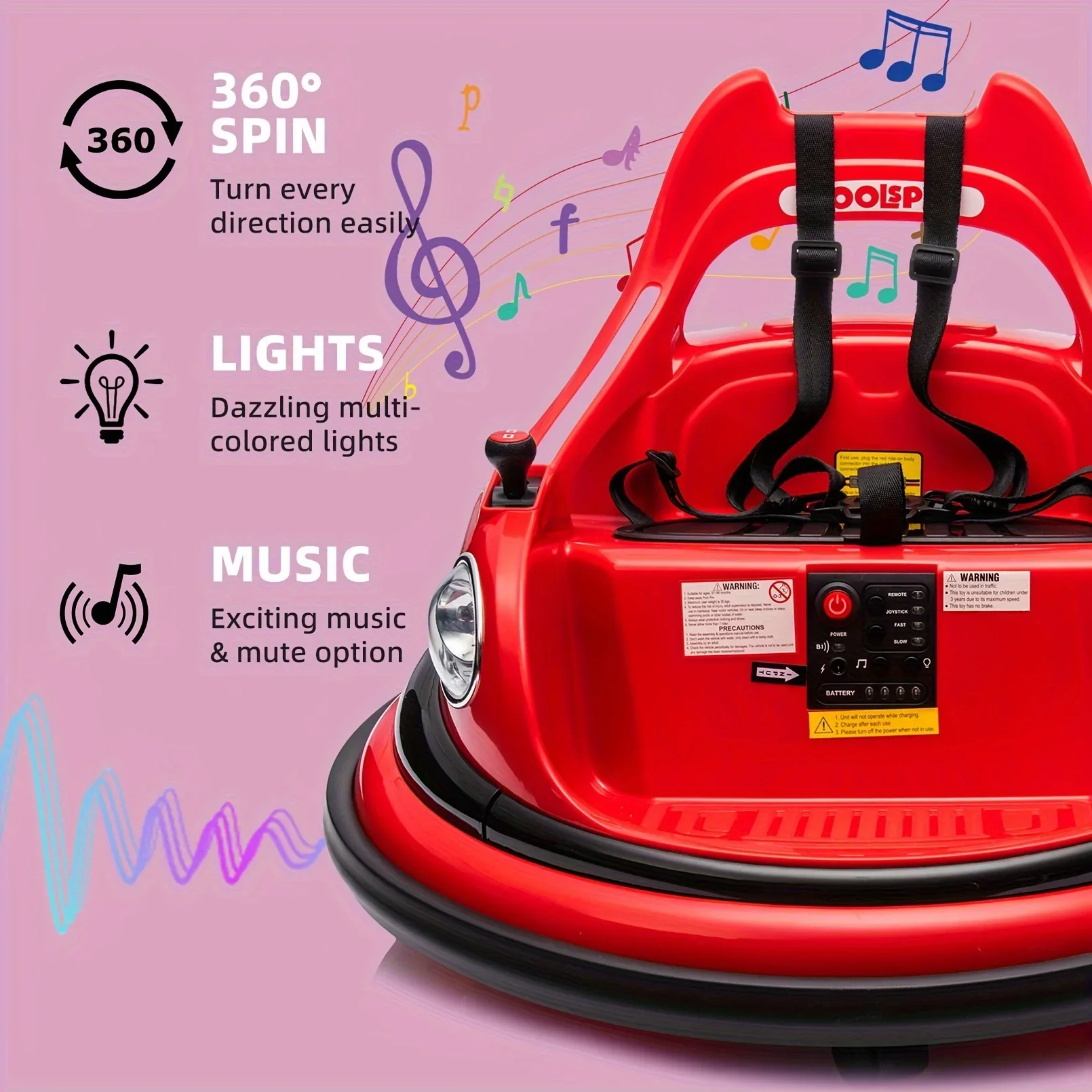 Jouets de véhicule électrique, Spin résistant à 360, Environnement de sécurité, Lumières LED, Carrosserie de véhicule, Tour sur pare-chocs, 12V