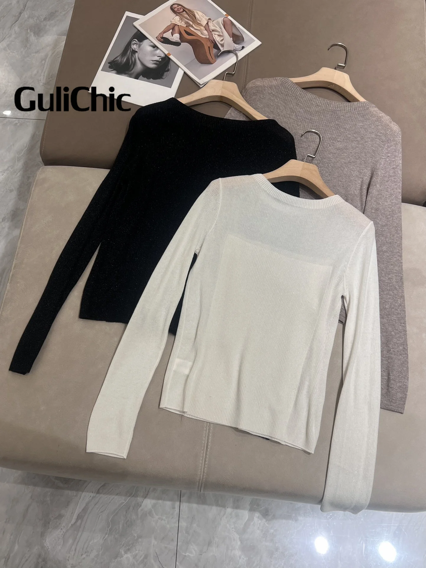 GuliChic-Pull Triblockchain à Perles Scintillantes pour Femme, Pullover Ultra-fin, Manches sulf, Base Décontractée, Tempérament Pit, JOY, 11.25