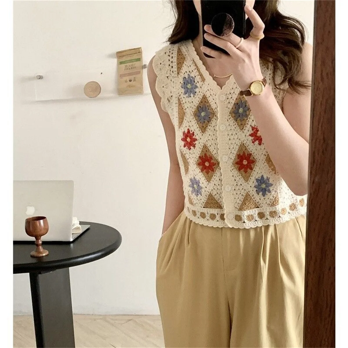 Cardigan  Women   Fashion  Summer  Cotton   Retro  Sleeveless   Stripe    Embroidery    Floral     Hollow  Vest  Casual