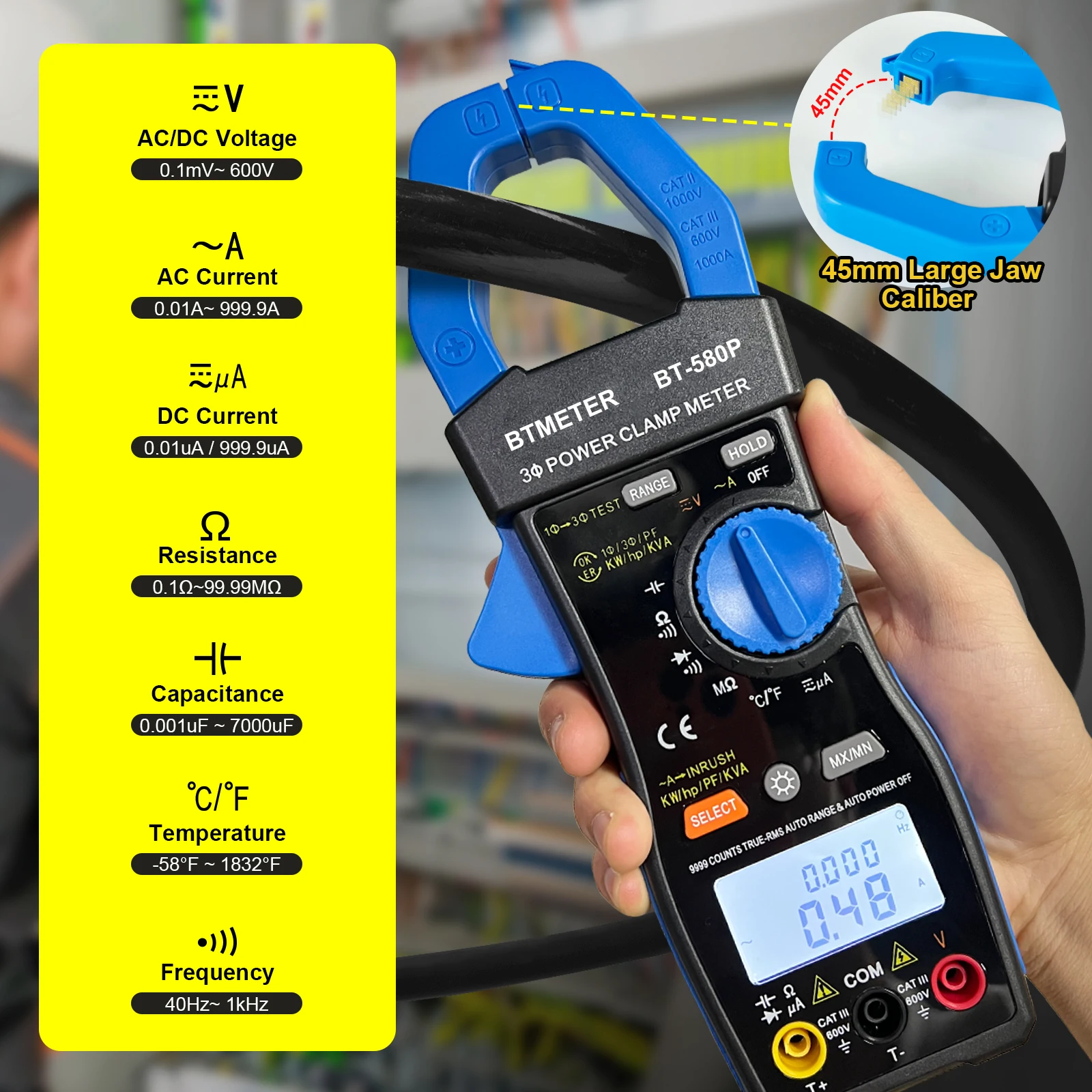 Holdpeak trifásico braçadeira medidor de energia, multímetro, corrente In-Rush, True RMS,ACV, CA, KW,KVA, HVAC, HoldPEAK, HP-580P, 9999 contagens