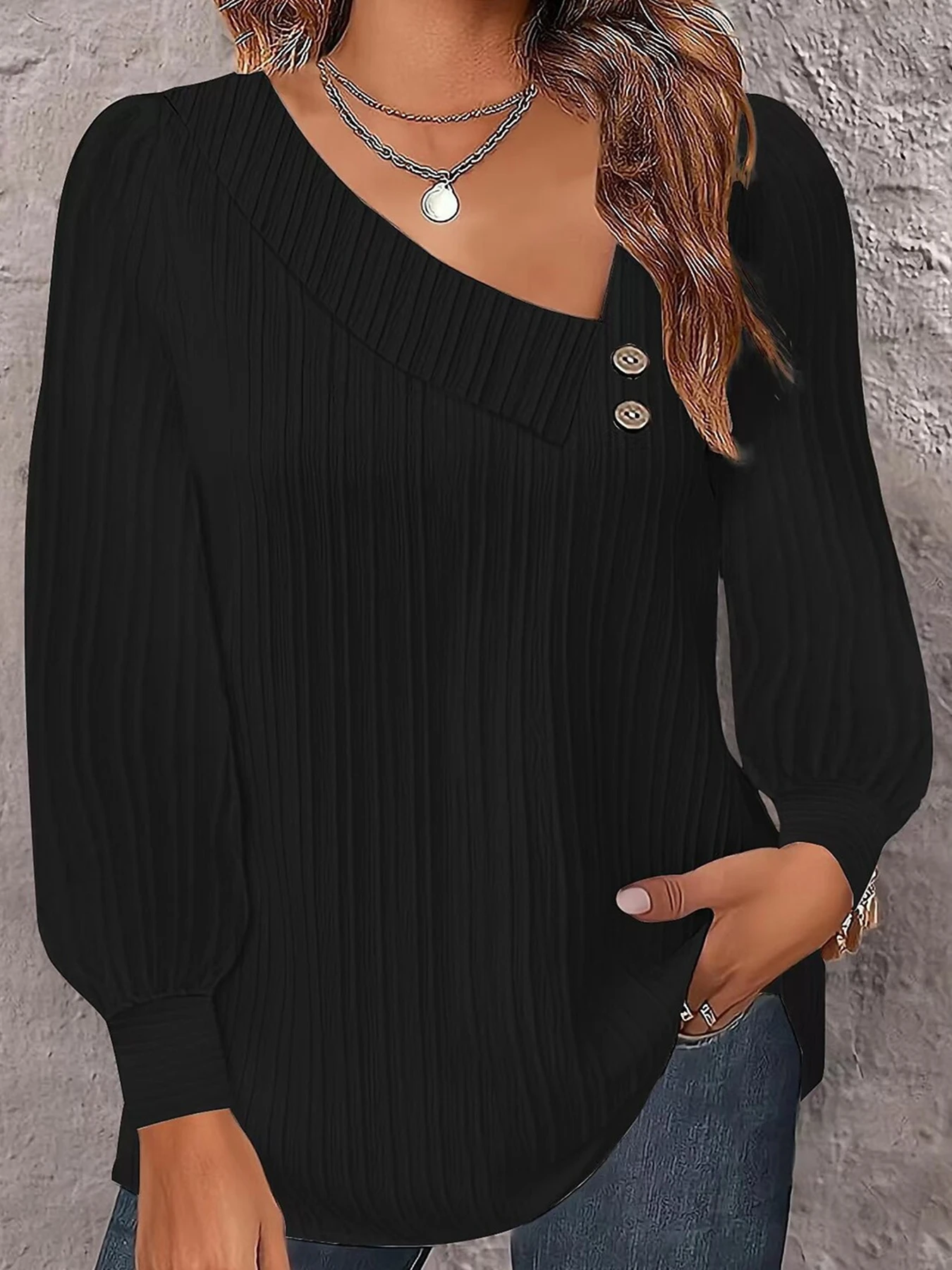 

Asymmetrical Neck Pleated Long Sleeve Button Detail Tunic Top For Women