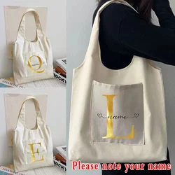 Fashion Shopping Bag Woman Bag Custom Name Letter Series Beige Reusable Harajuku Commuter Simple Large Capacity Handbag Tote Bag