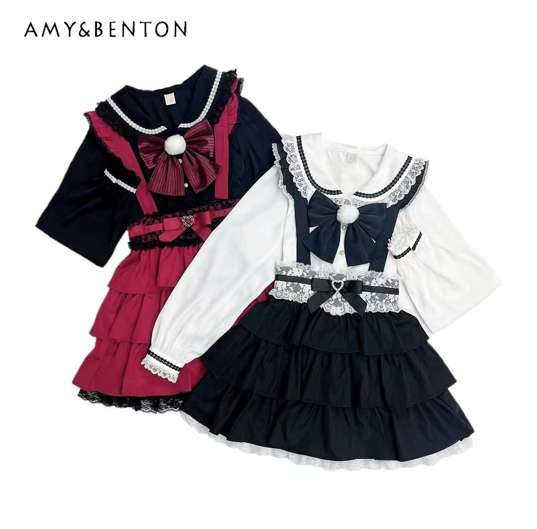 

SC Spring New Japanese Sweet Heart Bow Lace Stitching Multi-Layer Mini Skirt Mine Mass-Produced All-Match Cute Suspender Skirts