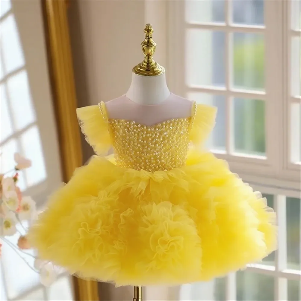 Роскошное свадебное платье принцессы с цветочным узором для девочек, плиссированное пышное платье с жемчугом для маленьких детей, праздничное платье на день рождения, пышное платье, банкетное платье