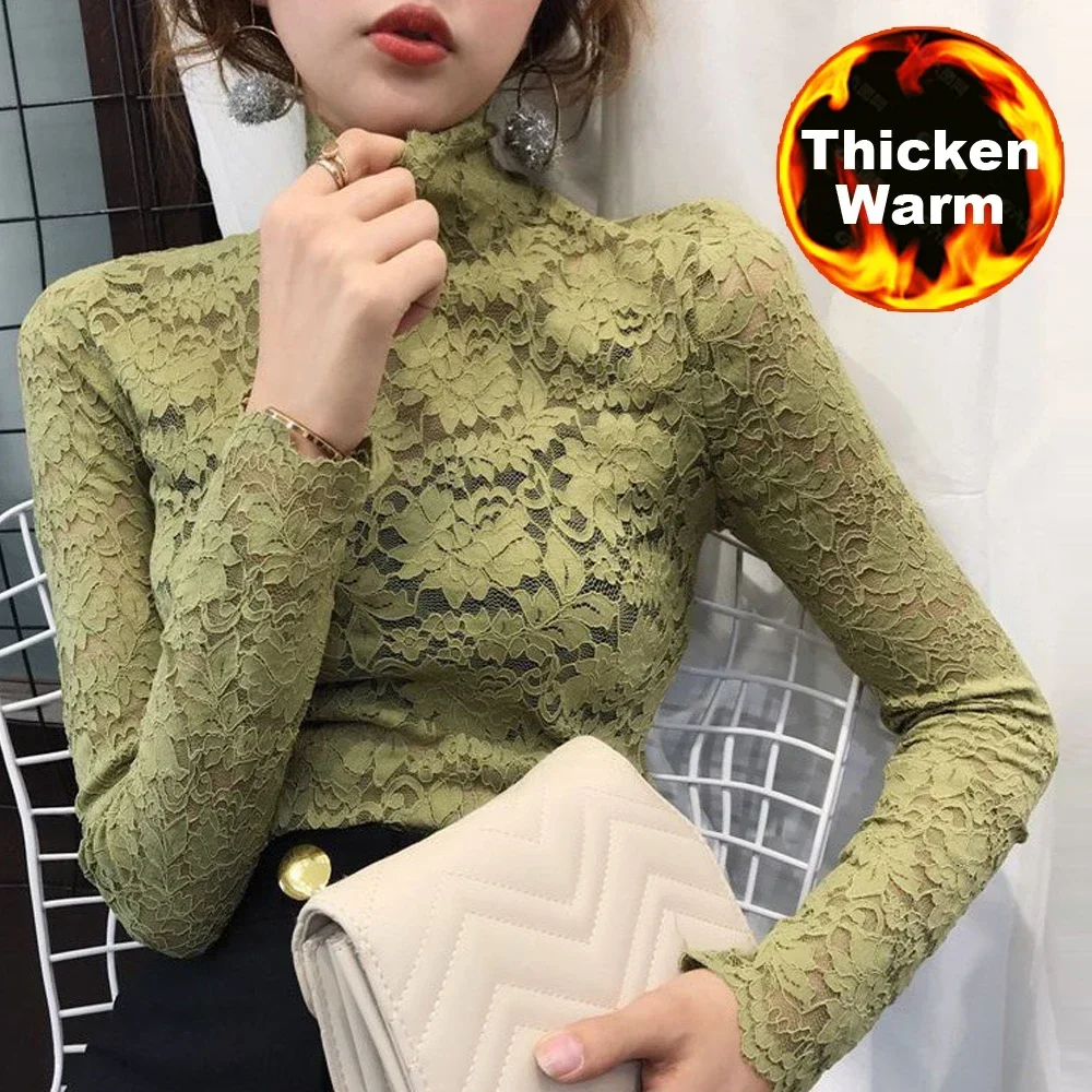 

Thick Warm Flowers Lace T Shirt Vintage Blouse Women Stretch Turtleneck Petal Sleeve Woman Blusas Mujer De Moda S-XL Top Ladies