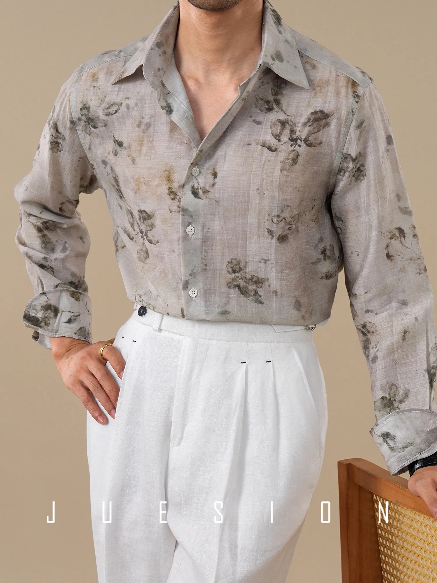 Summer cool Windsor collar long-sleeved shirt men's silky anti-wrinkle flower shirt