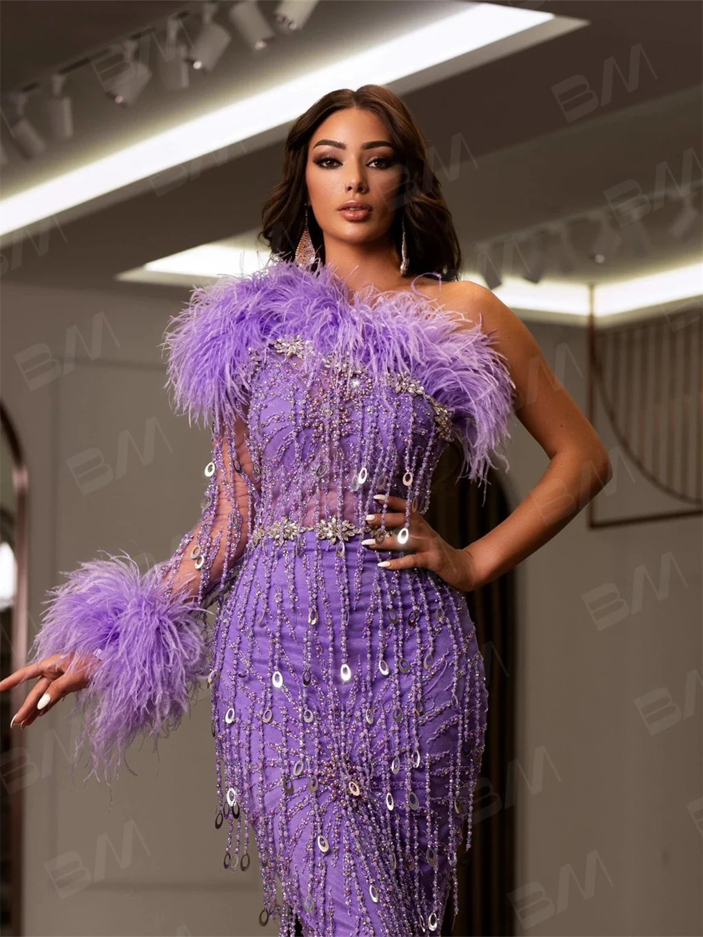Hand Sewn Embroidery Prom Dress Tassel Beaded Mermaid Evening Gown Feathered Formal Occasion Dresses Vestidos De Gala