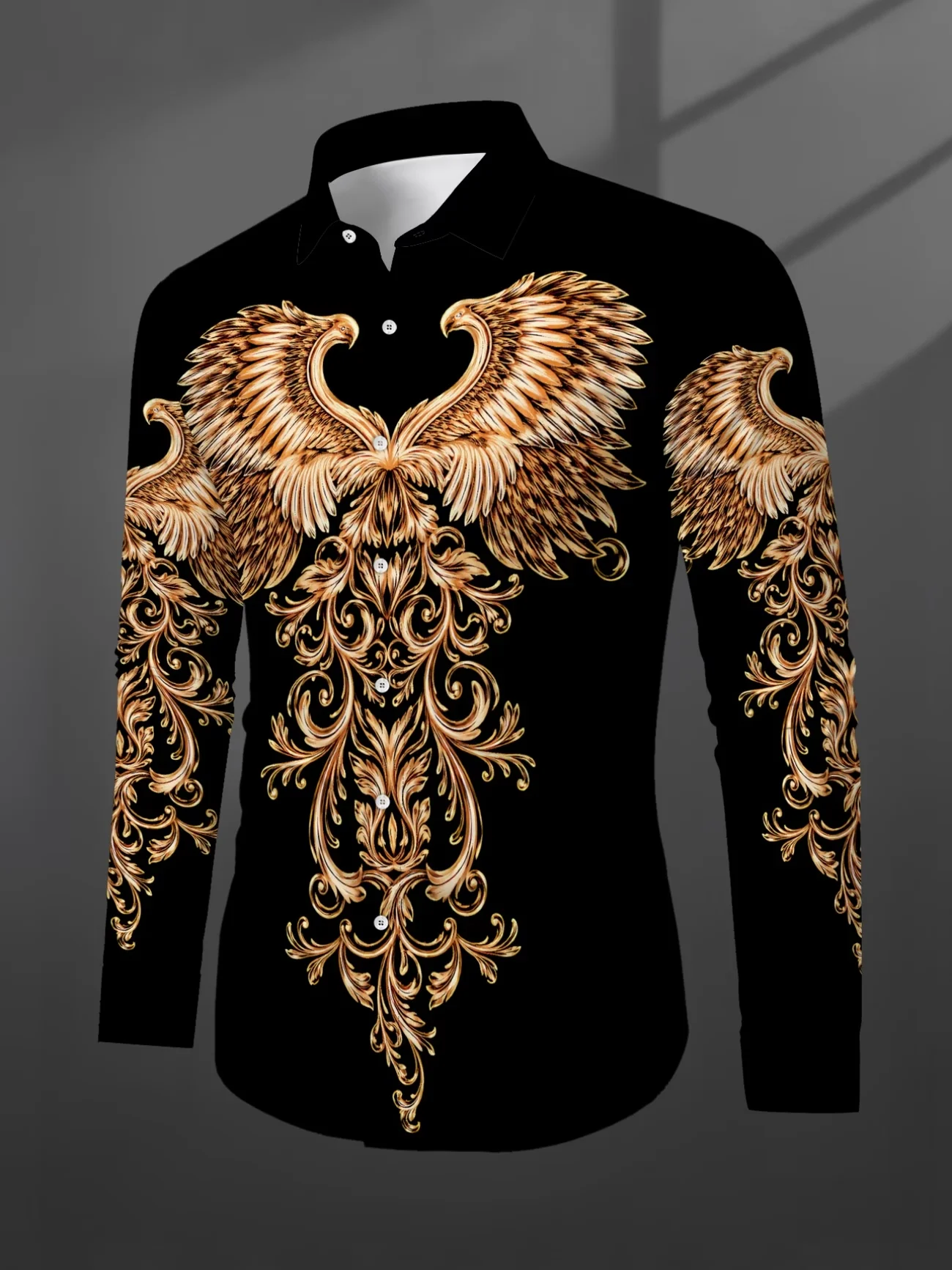 New black and gold double headed eagle Baroque printed men's long sleeved shirt, light luxury casual shirt