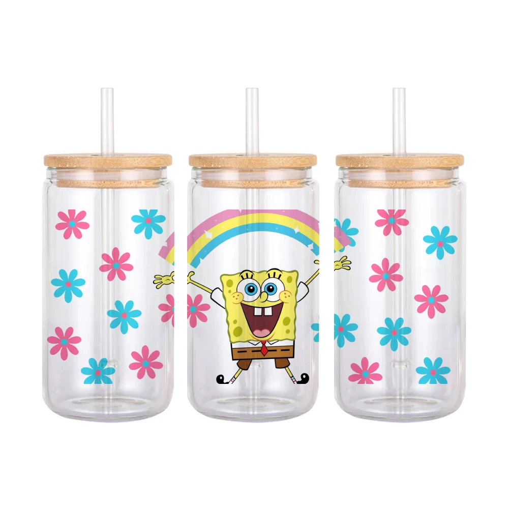 Autocollant Bob l'éponge UV DTF, enveloppe de tasse 16oz pour verre Libbey, adhésif Permanent prêt à appliquer, pas besoin de chaleur, étanche