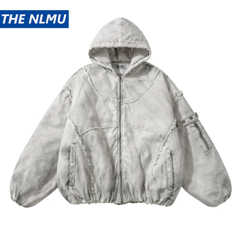 Men's Wasteland Distressed Hooded Jacket Parkas Dirty Wash Punk Streetwear Patchwork Raw Hem Denim Coat Loose