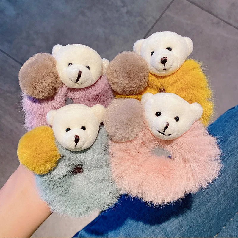 Cute Cartoon Bear Hair Scrunchies Pompom Hair Tie Winter Furry Elastic Hair Bands Ponytail Holders Women Girls Hair Accessories