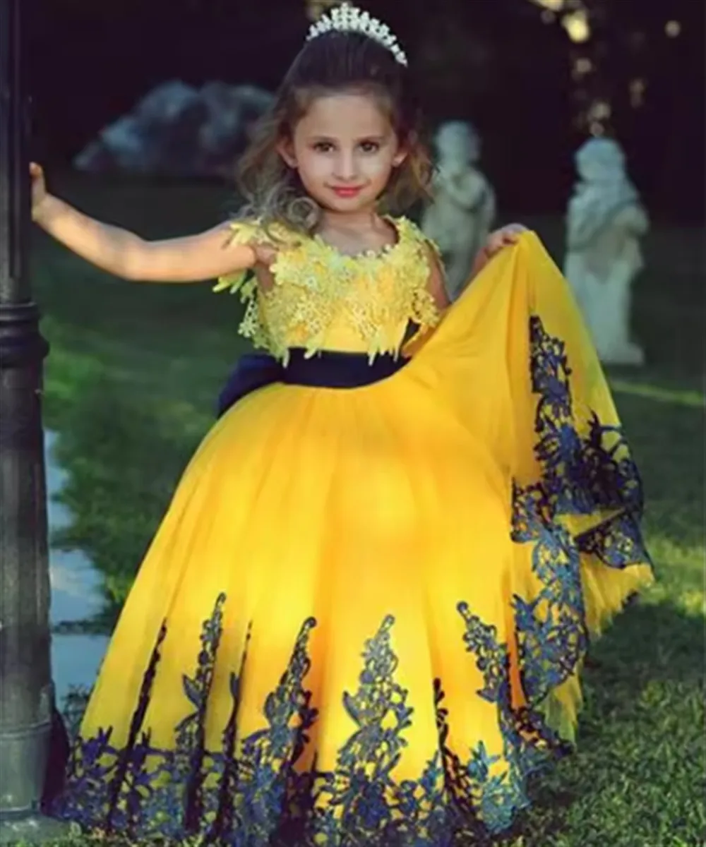 فستان زفاف فتاة الزهور الصفراء مرحبا منخفض تول يزين الدانتيل بلا أكمام المتدرج الاطفال فستان حفلة عيد ميلاد ثوب التواصل الأول #5