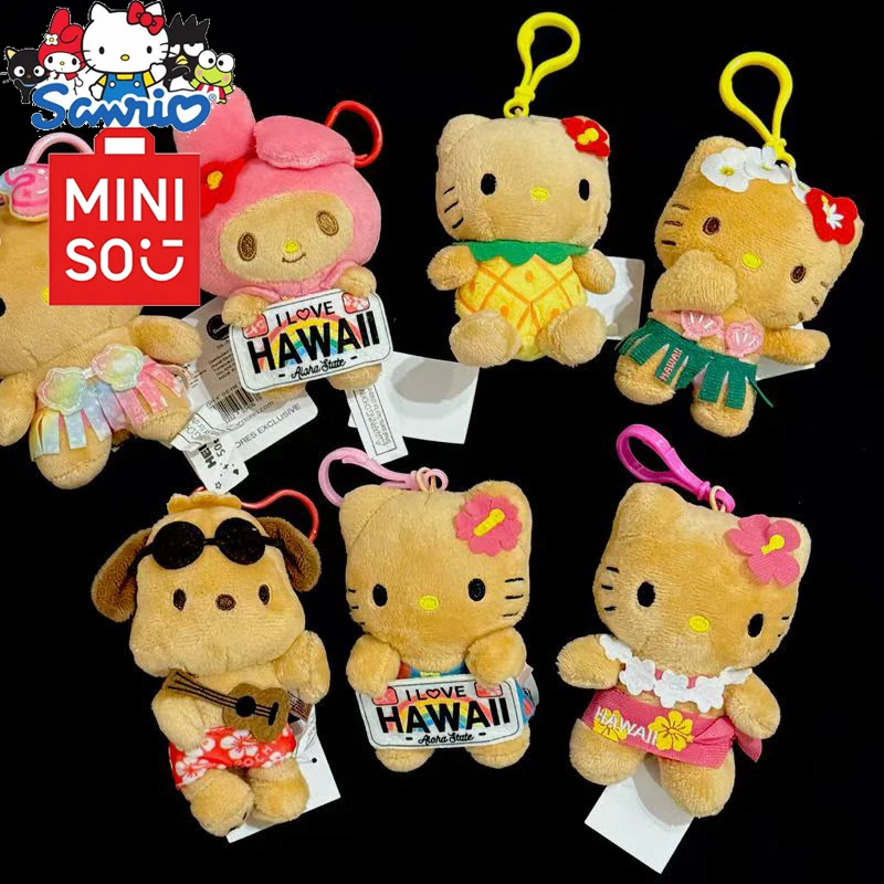 جديد مينيسو سانريو هاواي سلسلة مرحبا كيتي الجلد الداكن أفخم محشوة مفتاح سلسلة عروسة كارتون بيكيني الأناناس حقيبة قلادة لعبة لطيفة