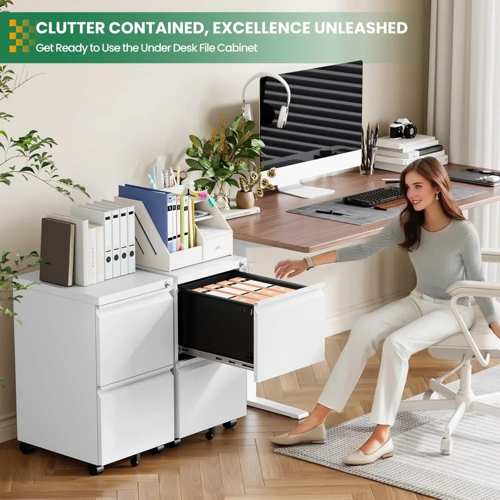 Under Desk 2-Drawer Mobile File Cabinet with Lock, Legal/Letter/A4 Size, White, Fully Assembled, Rolling Storage Solution