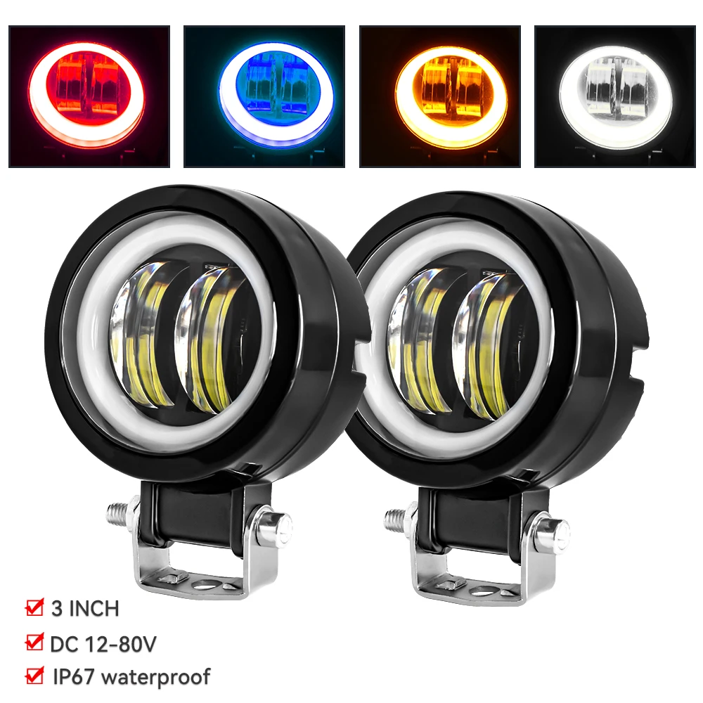 2PCS Waterproof Round Angel Eyes LED light Portable Spotlights Motorcycle Offroad Truck Driving Car  Boat Work Light