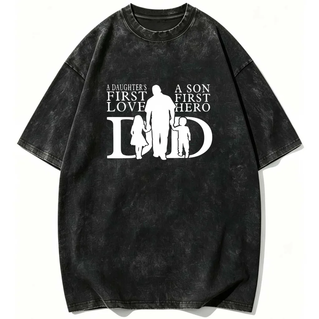 CLOOCL A Daughter's First Love  A Son First Hero  Dad Printed T-shirt Premium Heavyweight Retro Washed Harajuku Tees