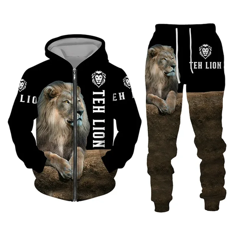 Felpa con cappuccio da uomo con Zip tuta con cappuccio completo Set Lion Graphic Zipper 2 pezzi sport con cappuccio sport Casual all\'aperto stampa