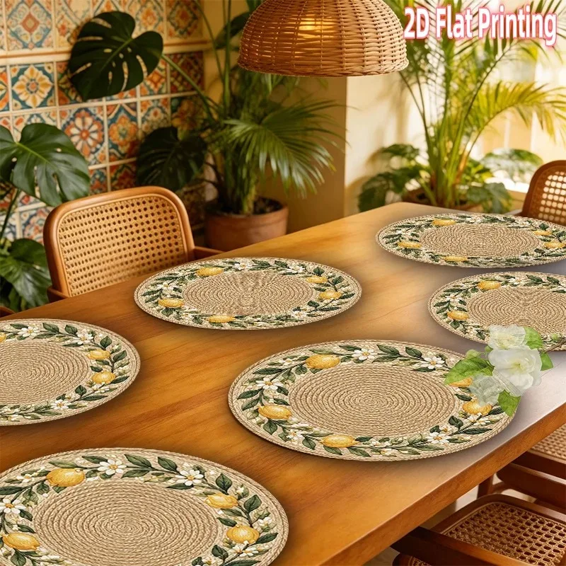 4-Piece 2D Printed Placemats - Imitation Rattan Lemon Flower Round - 15-Inch Polyester Tablecloth, Home Decoration, Festival Use