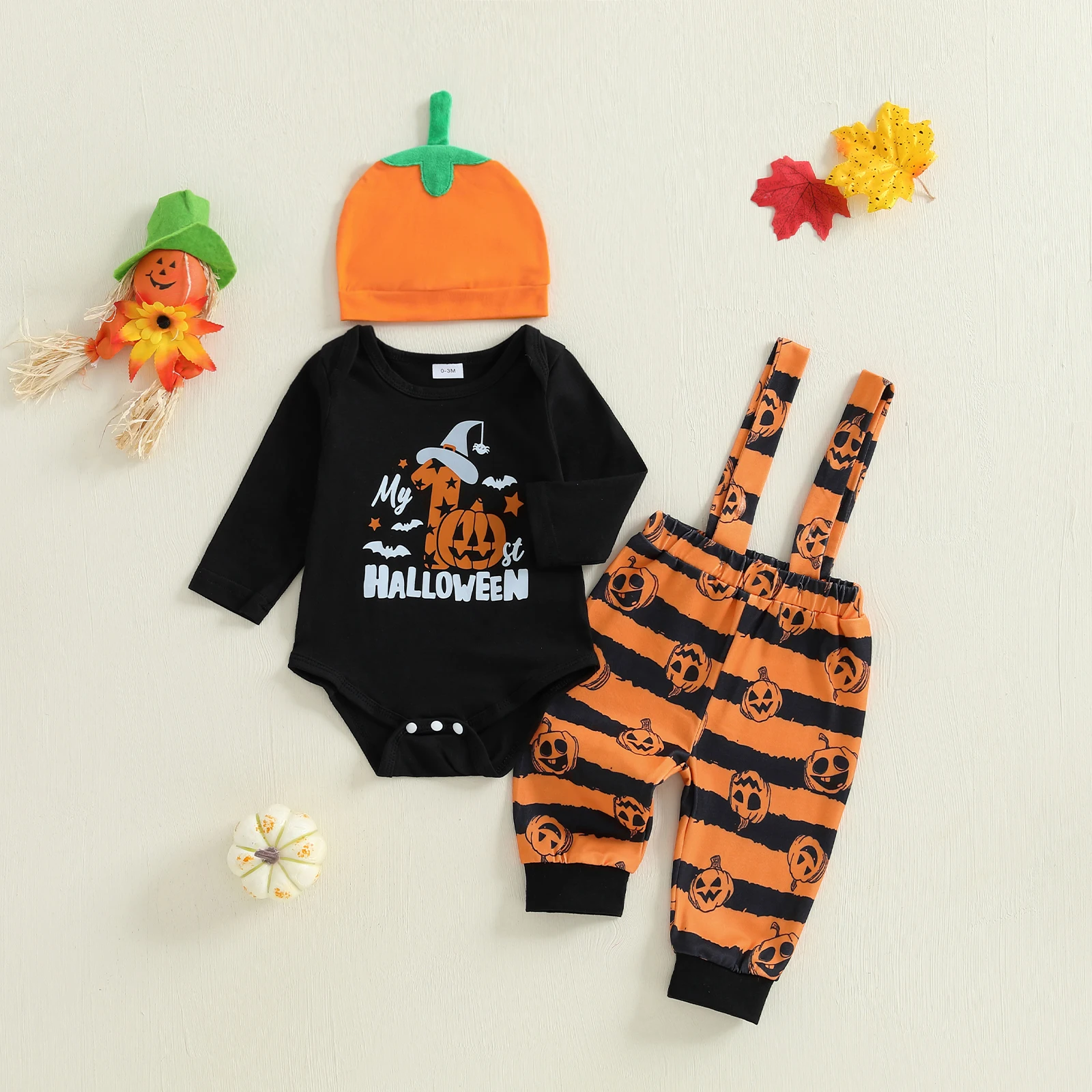 

VISgogo Baby Halloween 3Pcs Clothes Sets Long Sleeve Letter Print Romper Pumpkin Print Suspender Pants Hat