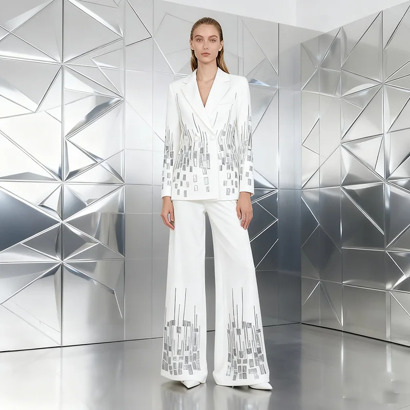 

White Sequins Women Suits Set 2 Pcs Blazer+Pants Cotton Jacket Formal Wedding Guest Coat Holiday Banquet Party Bridal Outfit