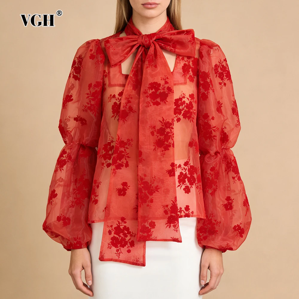 VGH أنيقة الأزهار الطباعة الشيفون قميص للنساء وشاح طوق الجوف خارج تصميم نفخة الأكمام بقماش شفاف مثير بلوزة الإناث جديد #1
