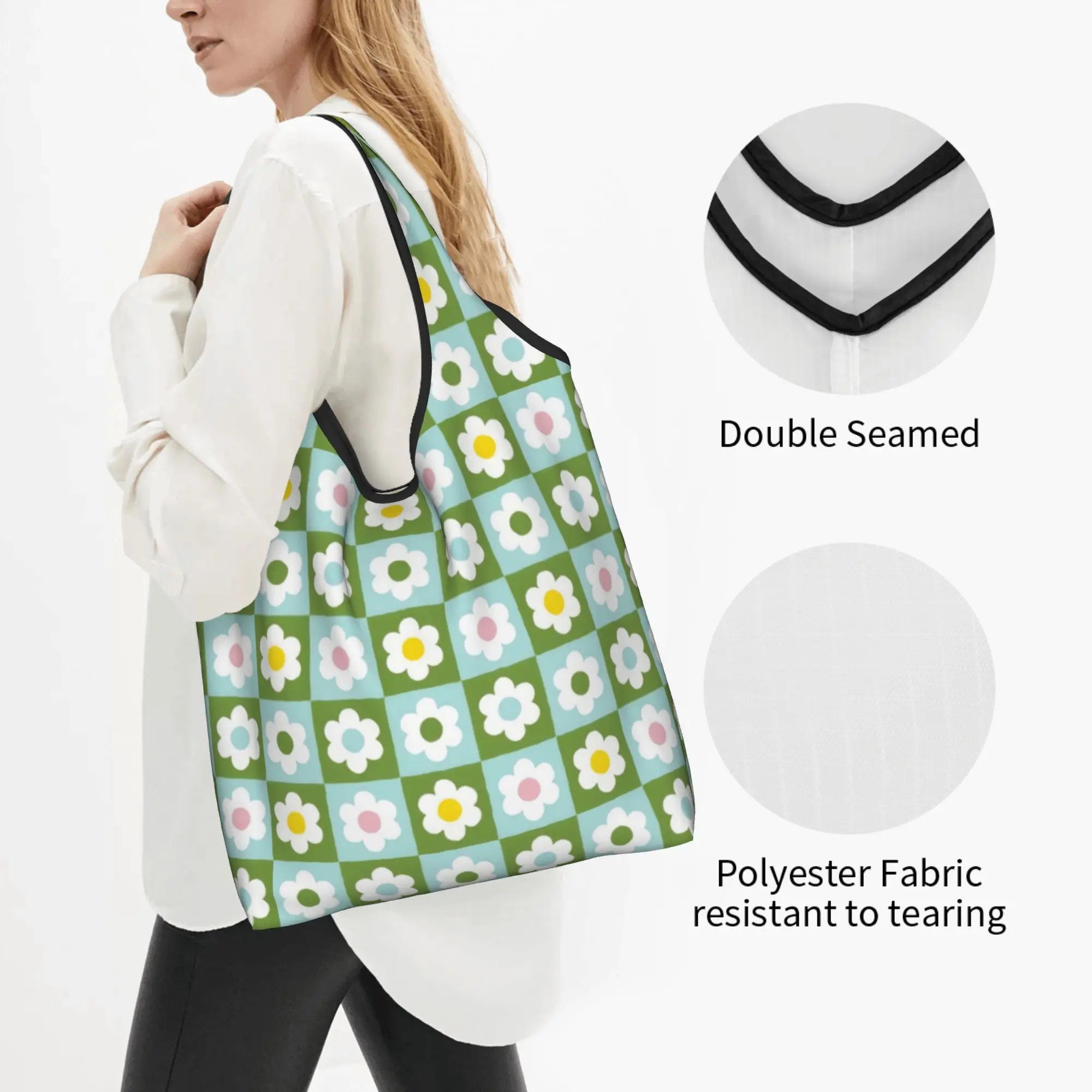 Recycling Daisies Checkerboard Flowers  Shopping Bag Women Tote Bag Portable Blue And Green Grocery Shopper Bags
