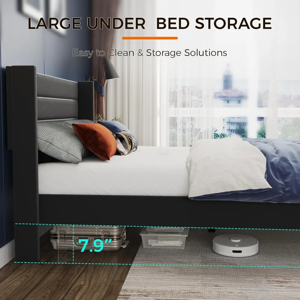 

Queen Bed Frame Upholstered Platform Bed with Wingback Headboard, Wooden Slats Support, Noise-Free Mattress