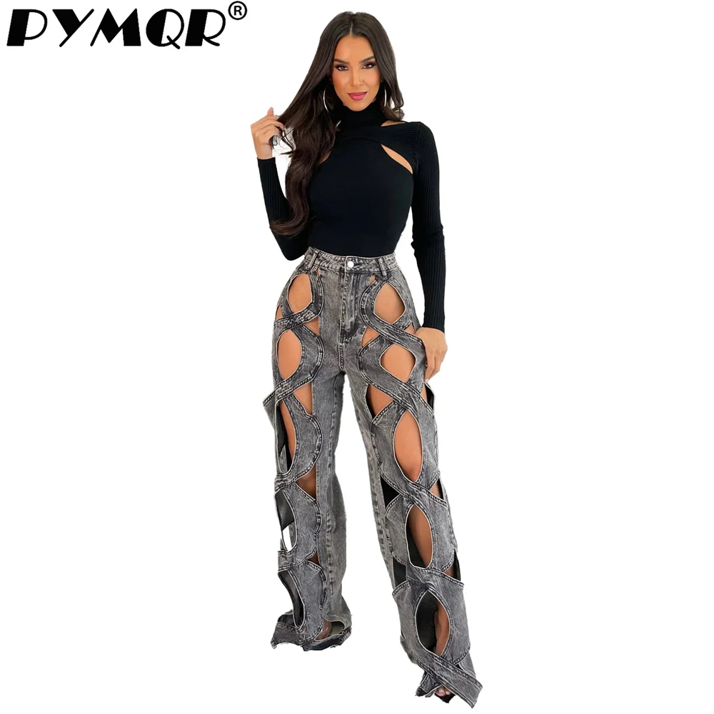 PYMQR New Elastic  Hollow Out Slightly Flared Buttocks Sexy Baggy Jeans High Wiast 2023 Antumn Y2K Streetwear Pants Female Cloth