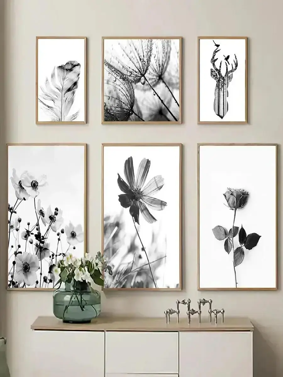 Elegant Black and White Floral Dandelion Butterfly Canvas Wall Art  Modern Home Decor for Living Room  Bedroom
