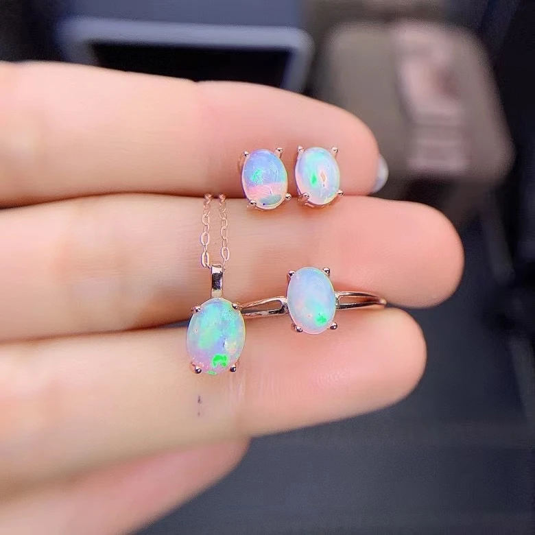 

Vintage Natural Opal Jewelry Set 925 Sterling Silver Inlaid Gemstones Women's Pendant Necklace Earring and Ring Wedding Party Gi