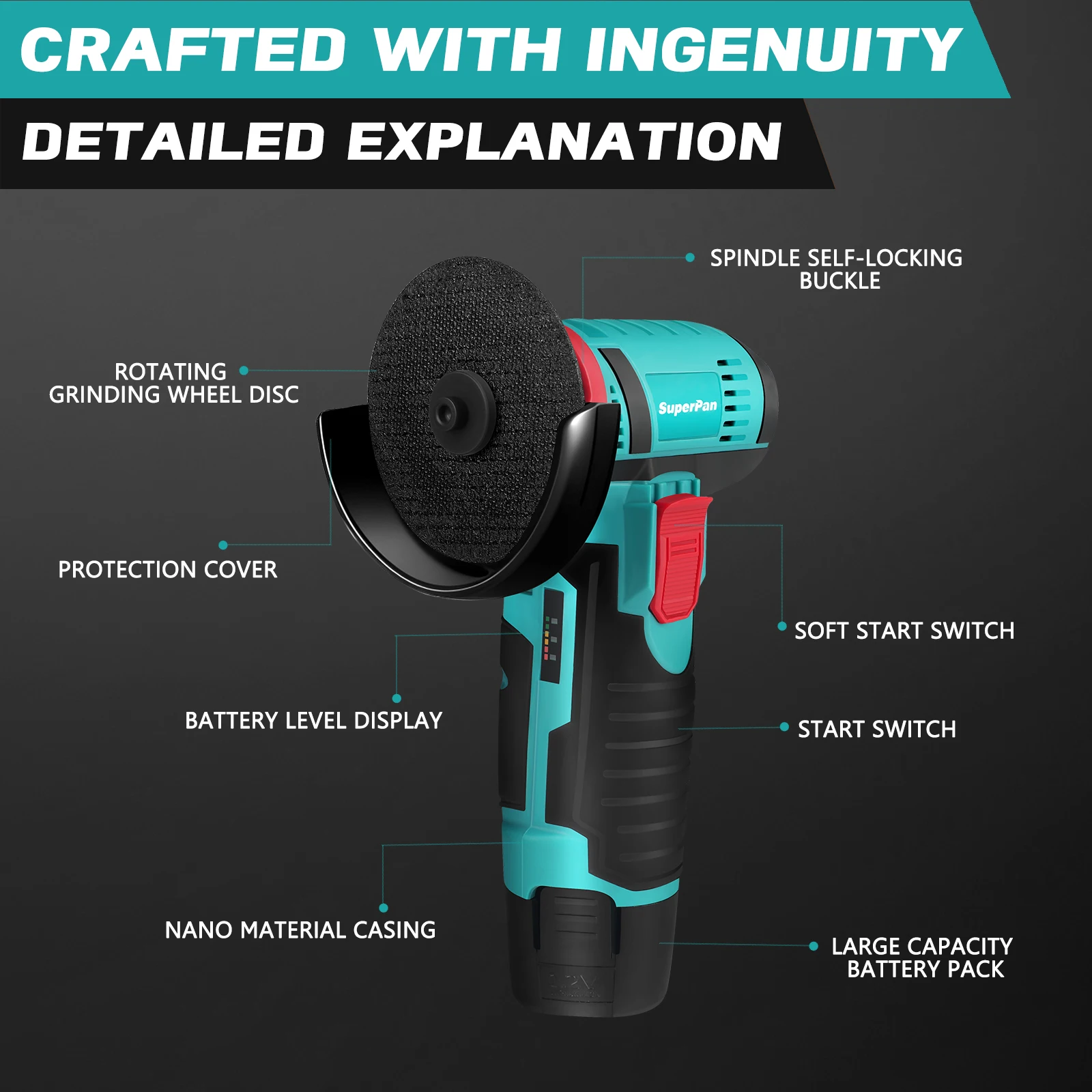 Superpan 12V Miniature Rechargeable Mini Angle Grinder with Battery Cutting Blade Polishing Grinder for Cutting Diamond Cordless