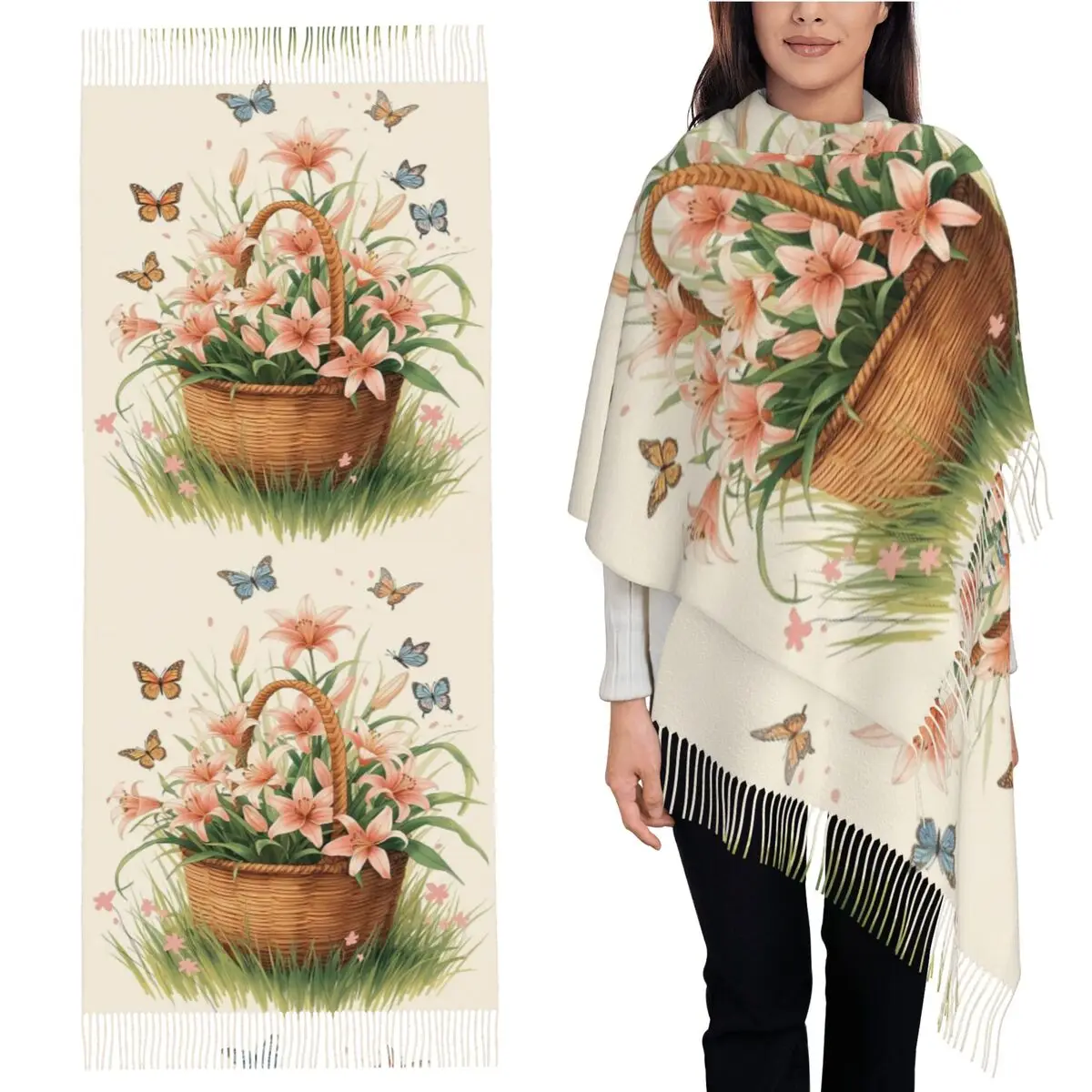 

Луговые лилии Cottagecore, шарф-корзина с цветочным принтом, шарфы с кисточками, женские мягкие теплые шали и накидки, большая осенне-зимняя шаль