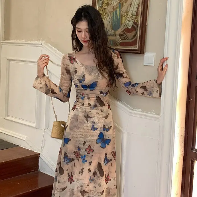 فساتين نسائية بأكمام طويلة فستان مكشكش للخريف محبوك مبطن متشابك مرونة الياقة المدورة شريط عمودي مكان العمل الرسمي #4