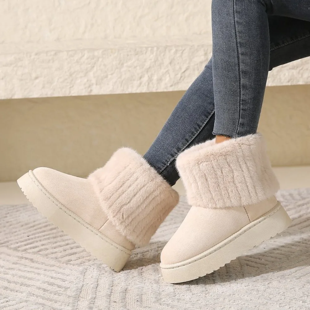 Large size thick-soled snow boots women's 2025 winter new sleeve piled warm medium tube flanged fluffy cotton shoes