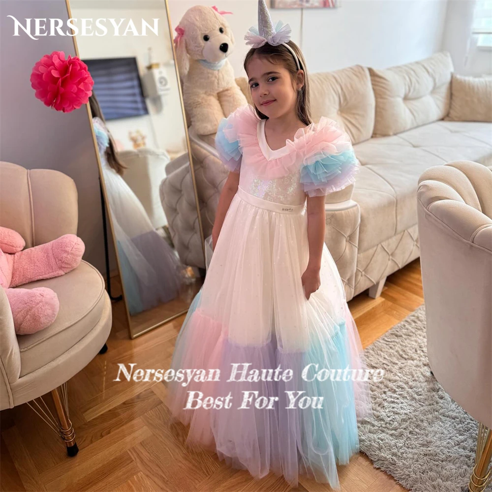 Nersesyan Colorful Glitter Flower Girl Dresses For Wedding A-Line Sequins Ruched Birthday Party Gowns Tulle Occasional Children