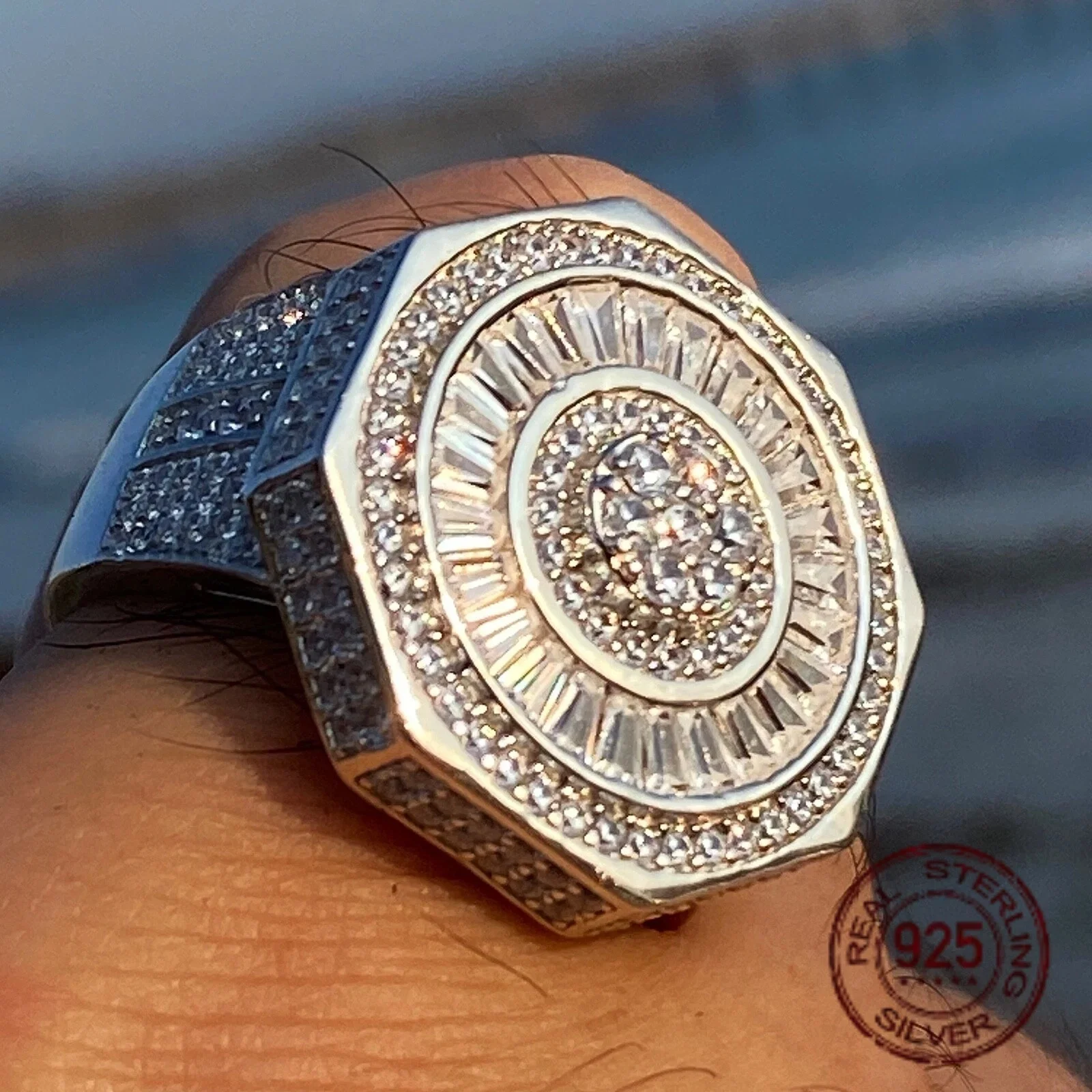 رجل الصلبة 925 فضة المثمن الهيب هوب الدائري مثلج الرغيف الفرنسي الفيضانات خارج تشيكوسلوفاكيا مطعمة خمر مجوهرات هدية للذكرى السنوية #3