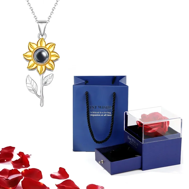 

Customized Color Photo Projection Sunflower Necklace With Luxury Rose Flower Box For Girlfriend Family Gift