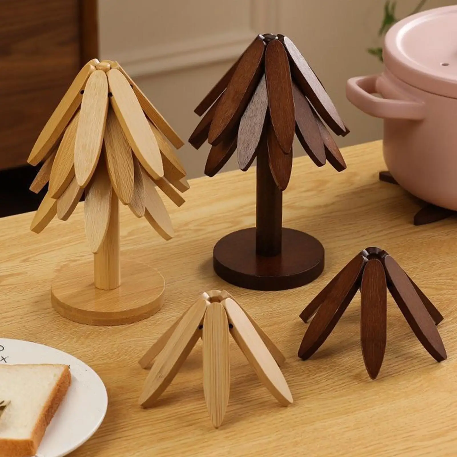Wooden Trivet Tree Foldable Insulation Tripod Foldable Christmas Tree Shape Trivet Set For Hot Dishes Bowls Cups Drinks Teapots