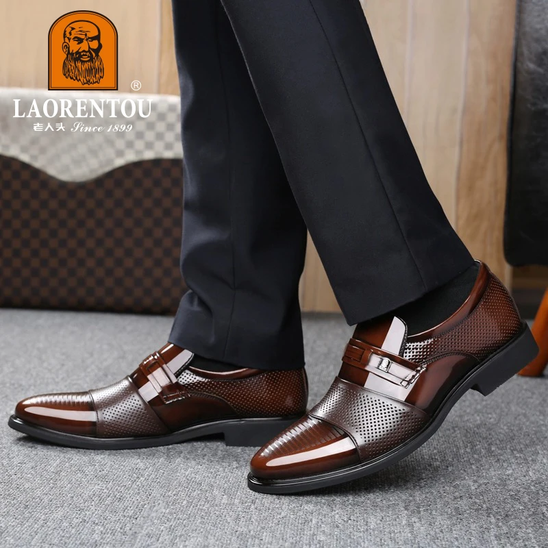 LAORENTOU genuine leather hollowed out breathable formal shoes for commuting, anti slip and wear-resistant Derby shoes 77021