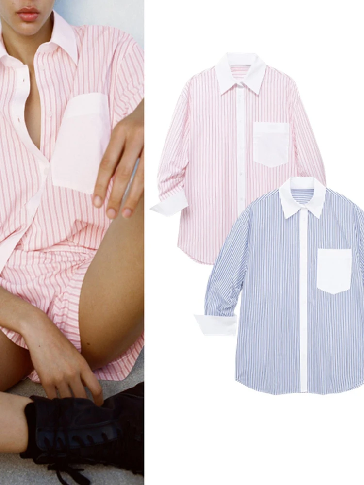 

Свободные полосатые рубашки для женщин, летние, новые, с длинным рукавом, отложным воротником, в стиле колор-блок, повседневные, модные, нейтральные